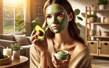 DALL·E 2024 11 15 12.49.17 A realistic landscape oriented image of a young woman applying an avocado face mask. She is sitting in a serene and cozy setting with soft lighting n