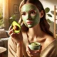 DALL·E 2024 11 15 12.49.17 A realistic landscape oriented image of a young woman applying an avocado face mask. She is sitting in a serene and cozy setting with soft lighting n