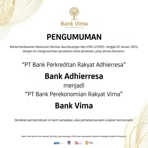 Perubahan Nama dan Logo PT Bank Perkreditan Rakyat Adhierresa menjadi PT Bank Perekonomian Rakyat Vima 1