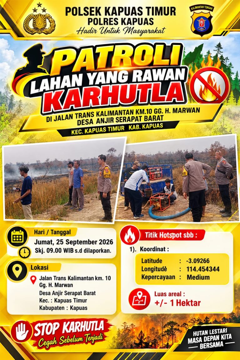 Polsek Kapuas Timur Laksanakan Patroli Lahan Rawan Karhutla di Desa Anjir Serapat Barat