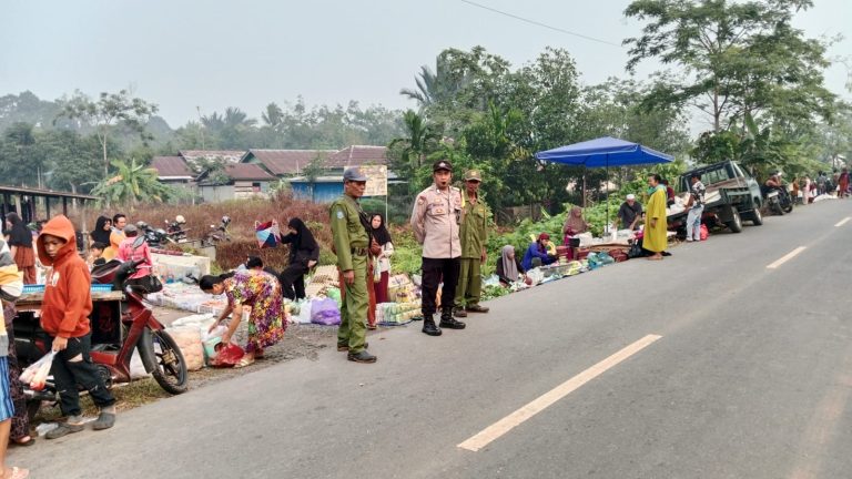 Pasar Mingguan Sei Kayu Ramai, Bhabinkamtibmas Bersama Kades dan Linmas Tertibkan Parkir Kendaraan